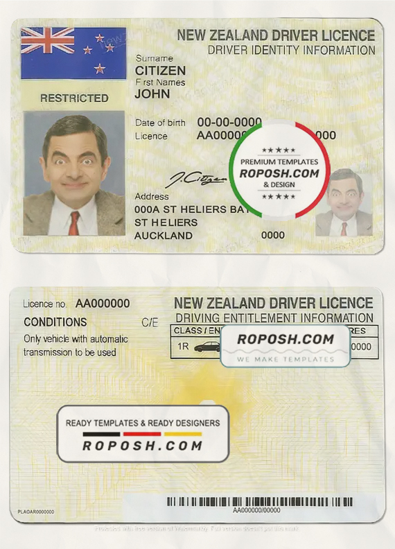 New Zealand driving license template in PSD format, fully editable scan effect