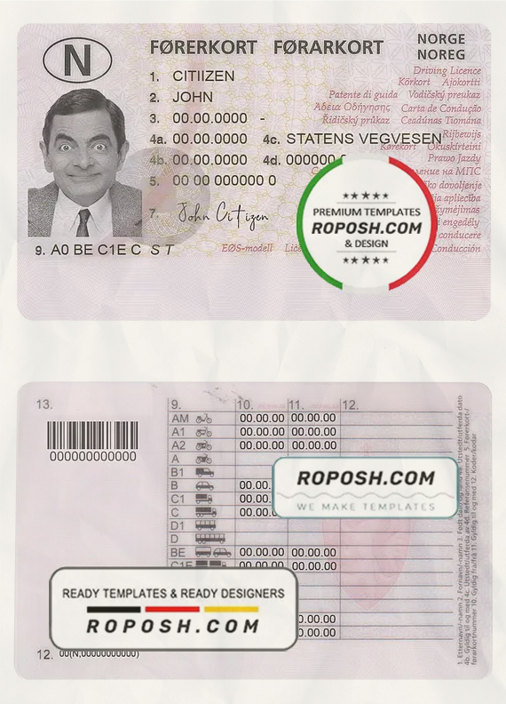 Norway driving license template, fully editable (2013 - present) scan effect