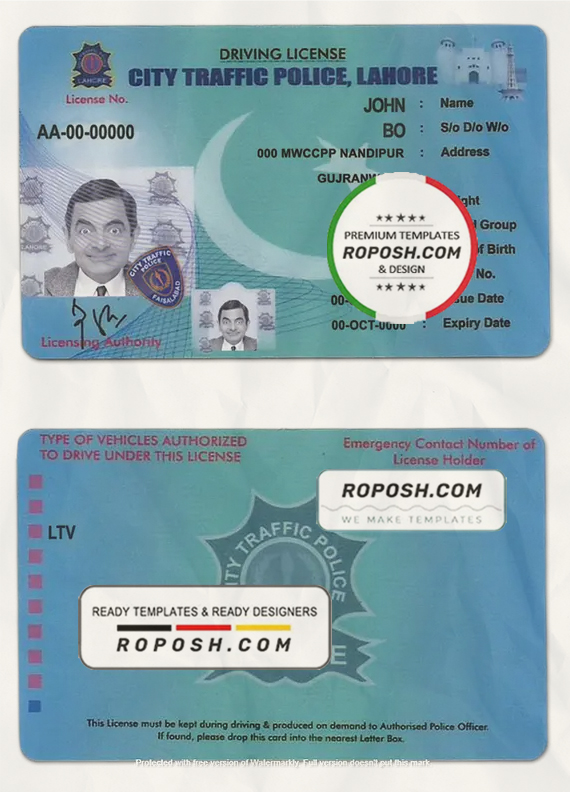 Pakistan City Traffic Police Lahore driver license template in PSD format, with all fonts, fully editable scan effect