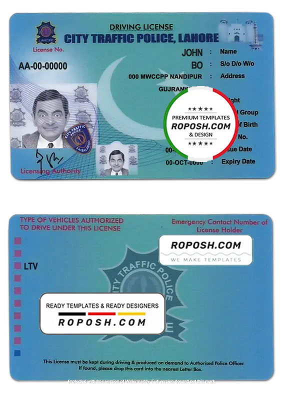 Pakistan City Traffic Police Lahore driver license template in PSD format, with all fonts, fully editable