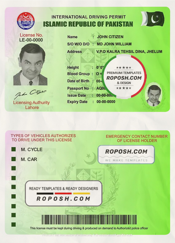 Pakistan international driving permit template in PSD format, fully editable scan effect