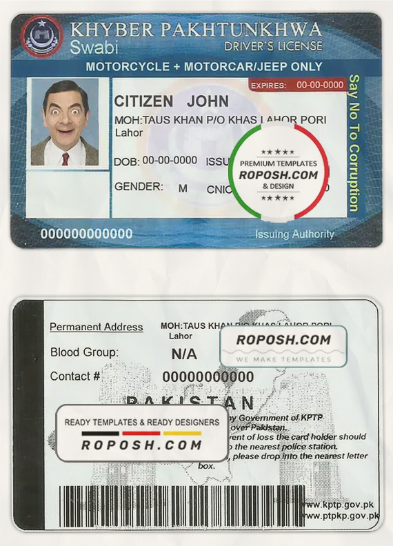 Pakistan driver license template in PSD format, with all fonts, fully editable scan effect