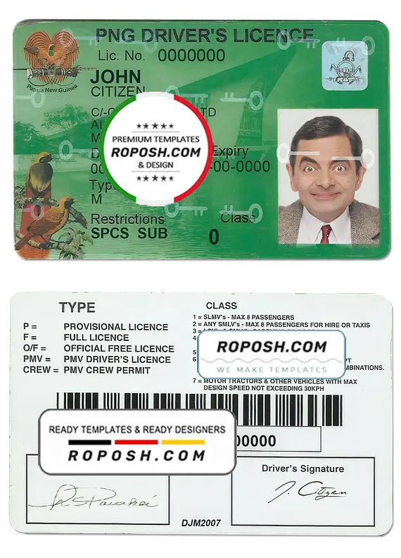 Papua New Guinea driving license template in PSD format, 2020 - present
