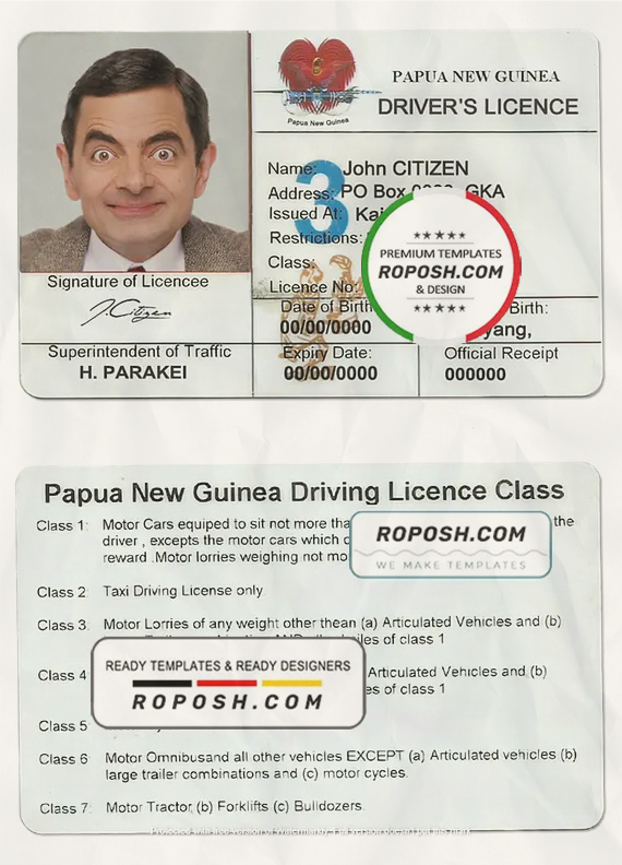 Papua New Guinea driving license template in PSD format scan effect