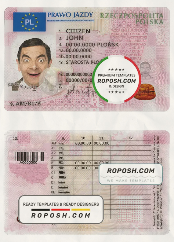 Poland driving license template in PSD format, fully editable, 2019 - present scan effect