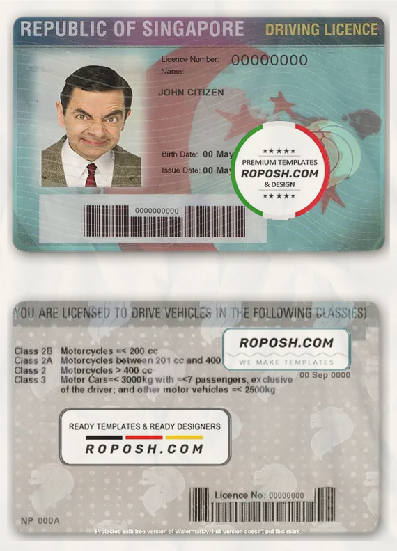 Singapore driving license template in PSD format, fully editable, with all fonts scan effect