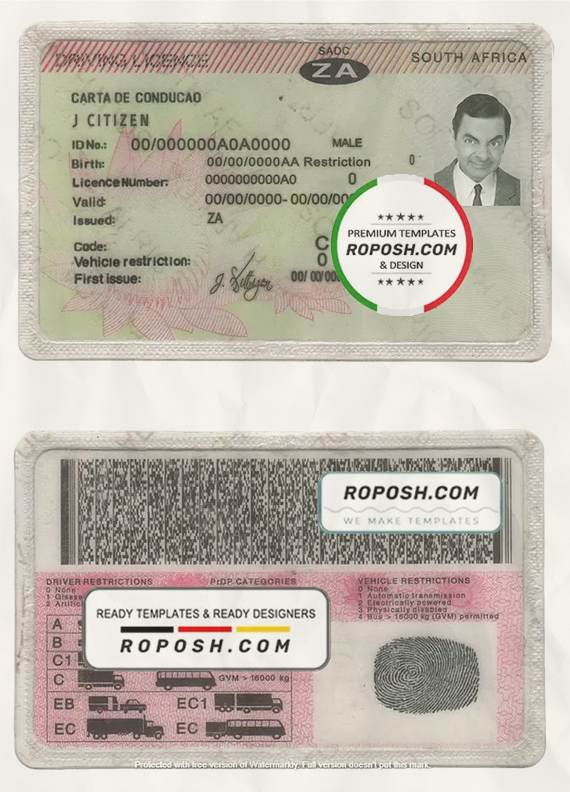 South Africa driving license template in PSD format scan effect