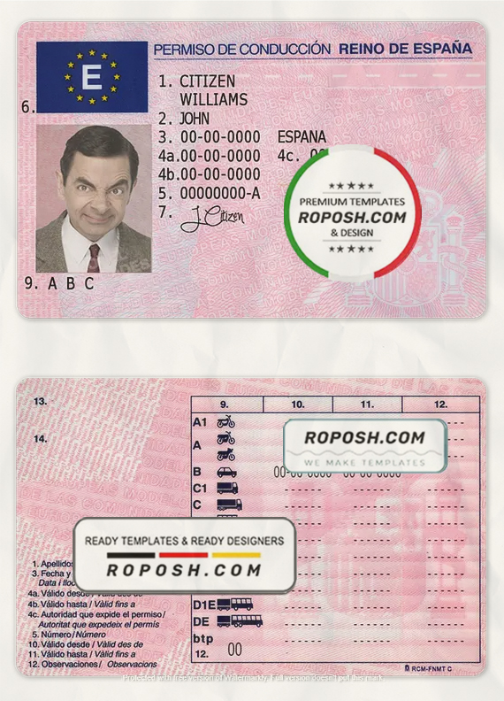 Spain driving license template in PSD format scan effect