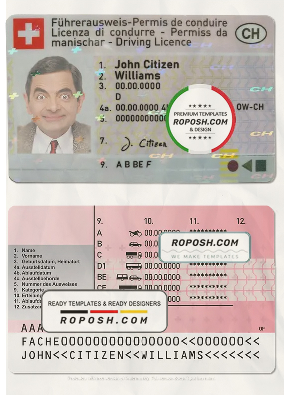 Switzerland driving license template in PSD format, fully editable scan effect
