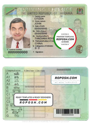 Tanzania driving license template in PSD format, with fonts