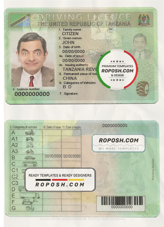 Tanzania driving license template in PSD format, with fonts scan effect