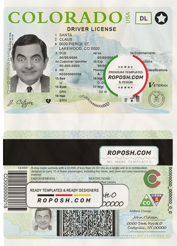 USA Colorado driving license template in PSD format scan effect