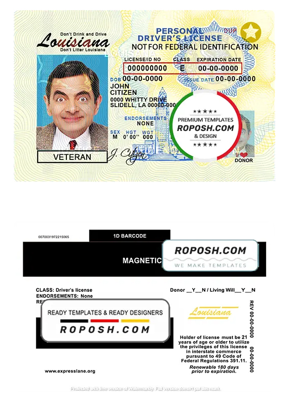 USA Louisiana driving license template in PSD format