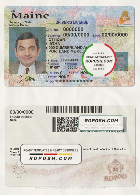 USA Maine state driving license template in PSD format, with all fonts (2019 - present) scan effect