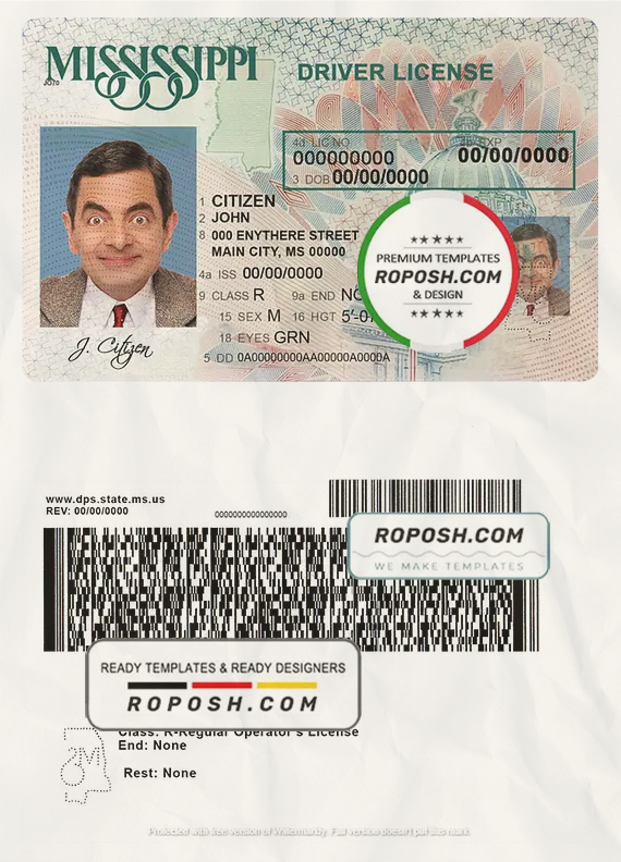 USA Mississippi driving license template in PSD format scan effect