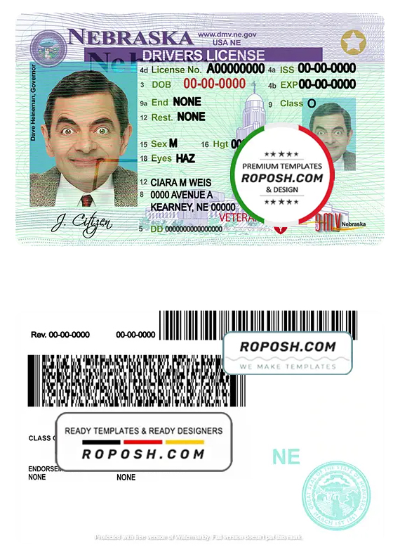 USA Nebraska driving license template in PSD format