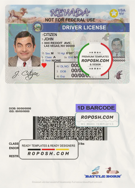 USA Nevada driving license template in PSD format scan effect