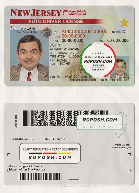 USA New Jersey driving license template in PSD format, with the fonts scan effect