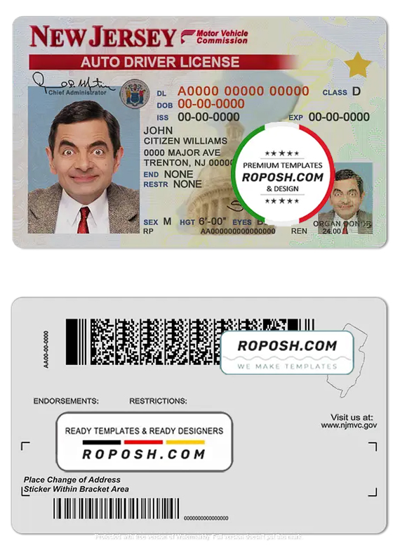 USA New Jersey driving license template in PSD format, with the fonts