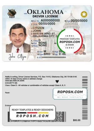 USA Oklahoma driving license template in PSD format, + editable PSD photo look (2020 – present)