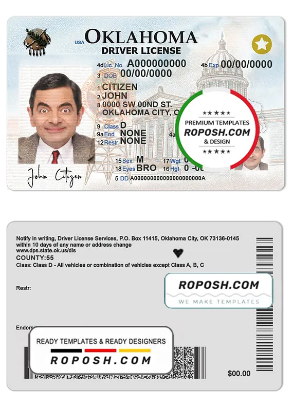 USA Oklahoma driving license template in PSD format, fully editable (2020 - present)
