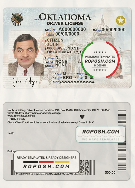 USA Oklahoma driving license template in PSD format, fully editable (2020 - present) scan effect