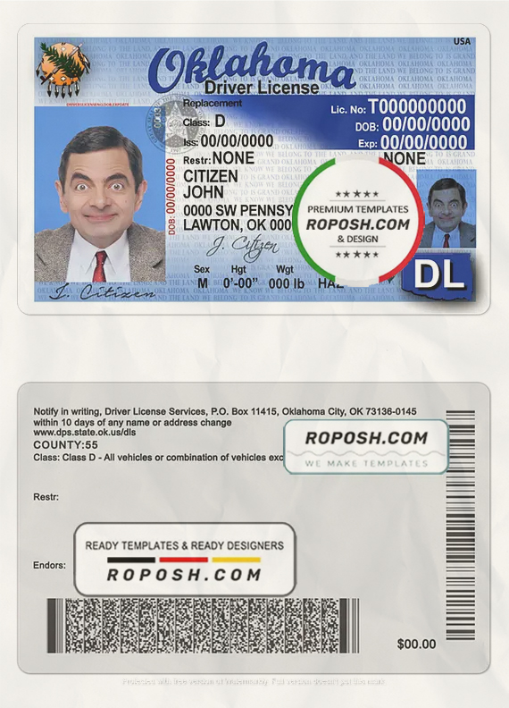 USA Oklahoma driving license template in PSD format scan effect
