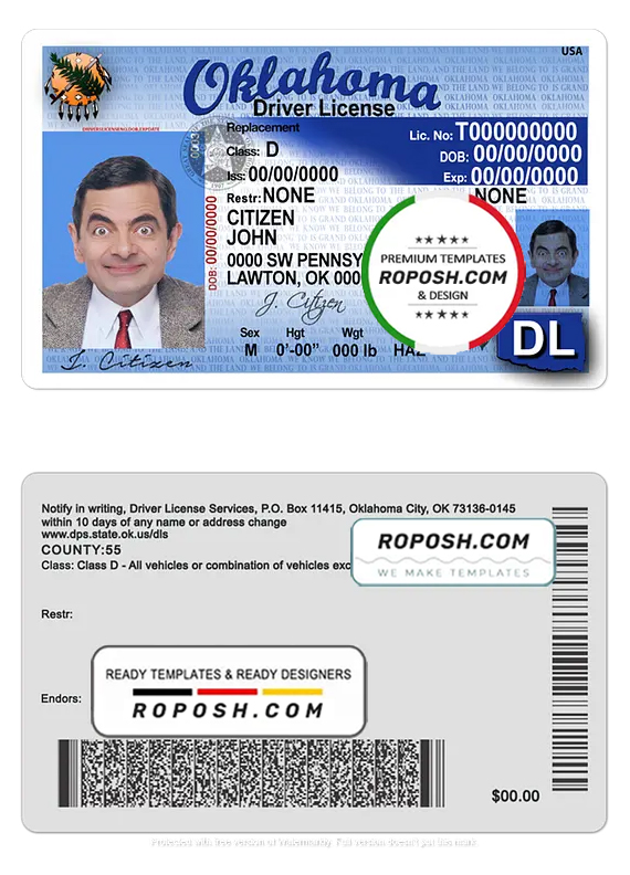 USA Oklahoma driving license template in PSD format