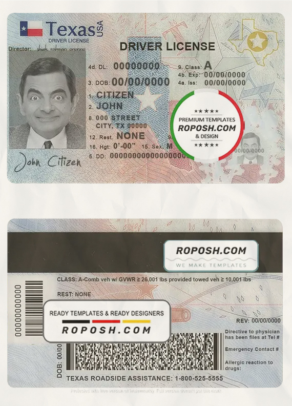USA Texas driving license template in PSD format, fully editable (2020 - present) scan effect