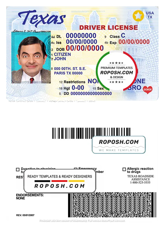 USA Texas driving license template in PSD format