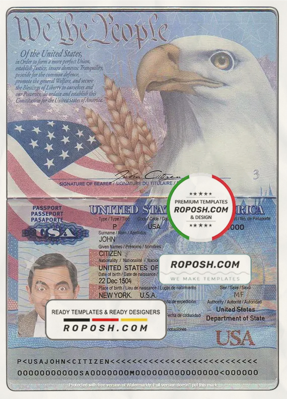 USA passport template in PSD format, fully editable, with all fonts scan effect