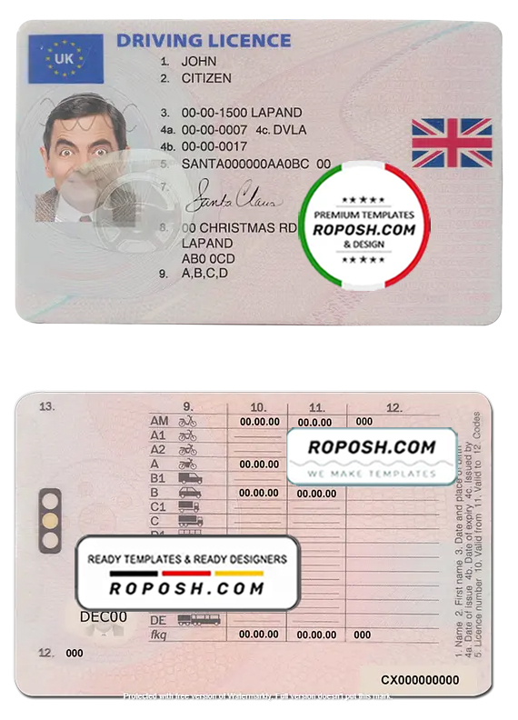 United Kingdom driving license template in PSD Format, fully editable