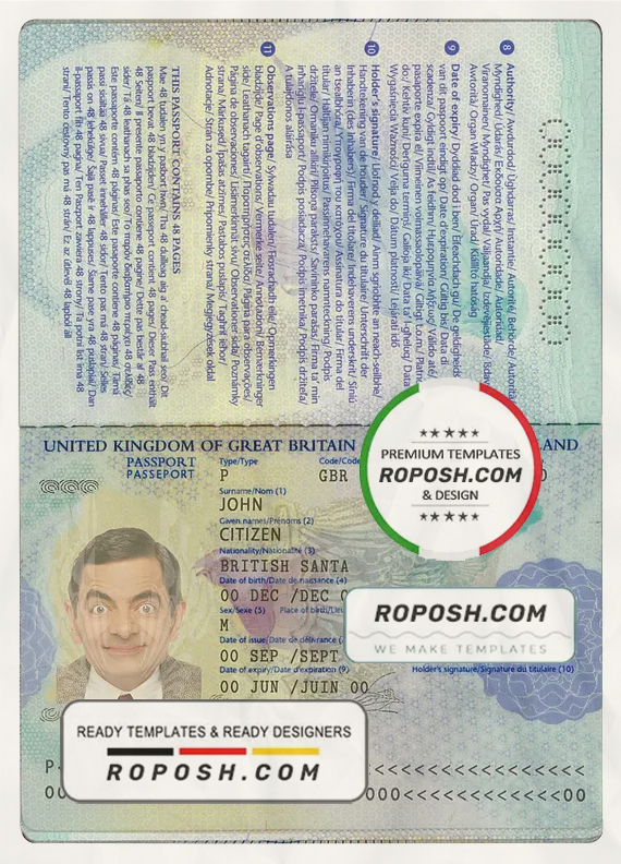 United Kingdom passport template in PSD format, fully editable, with all fonts scan effect