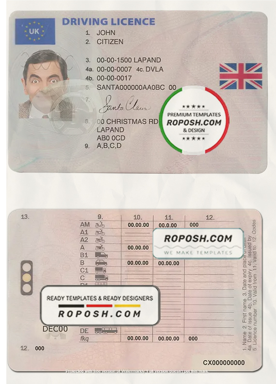 United Kingdom driving license template in PSD Format, fully editable scan effect