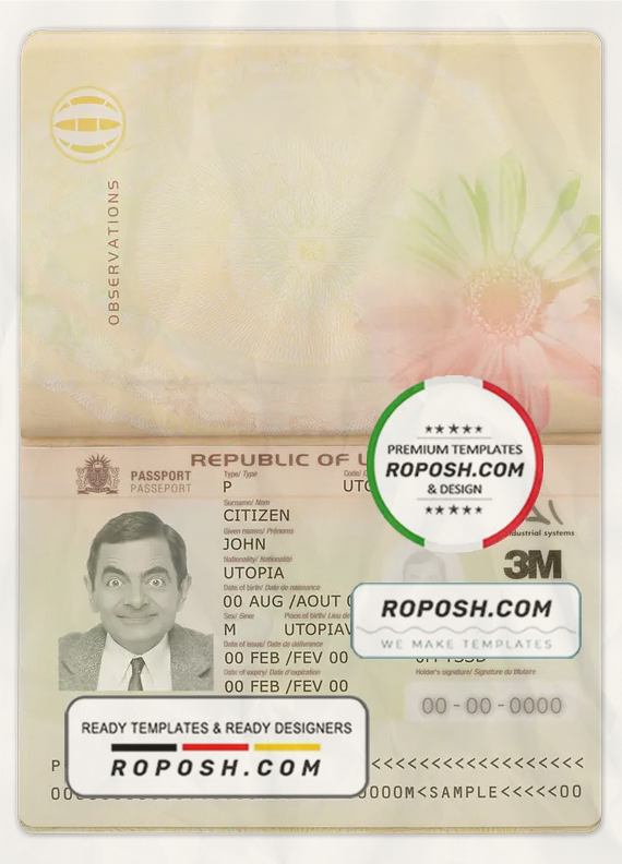 Utopia passport template in PSD format, fully editable scan effect