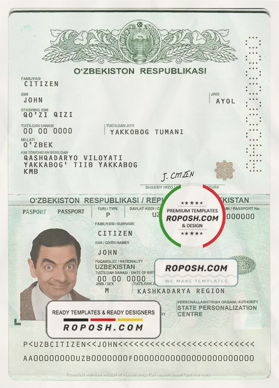 Uzbekistan passport template in PSD format, fully editable scan effect