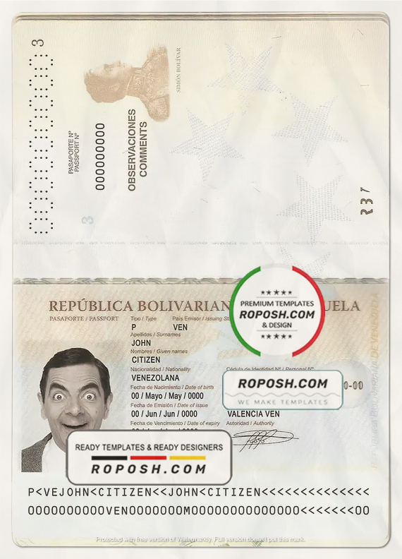 Venezuela passport template in PSD format, fully editable scan effect