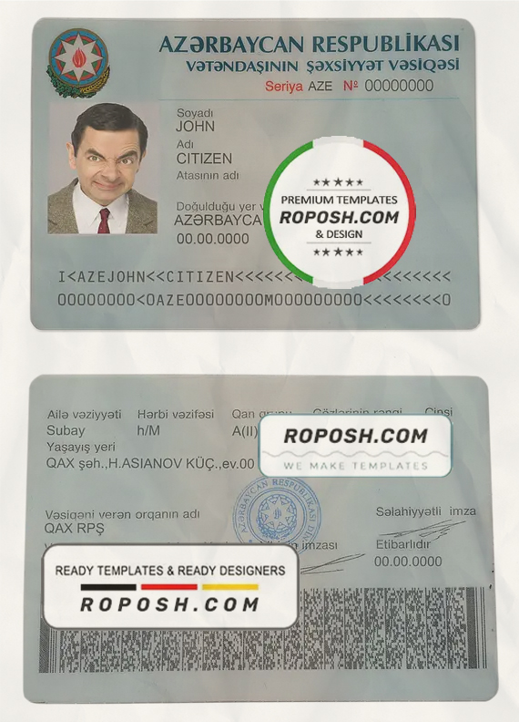 Azerbaijan national ID template in PSD format, fully editable, with all fonts scan effect