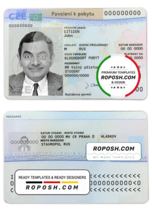 Czech permanent resident card template in PSD format, fully editable, + editable PSD photo look