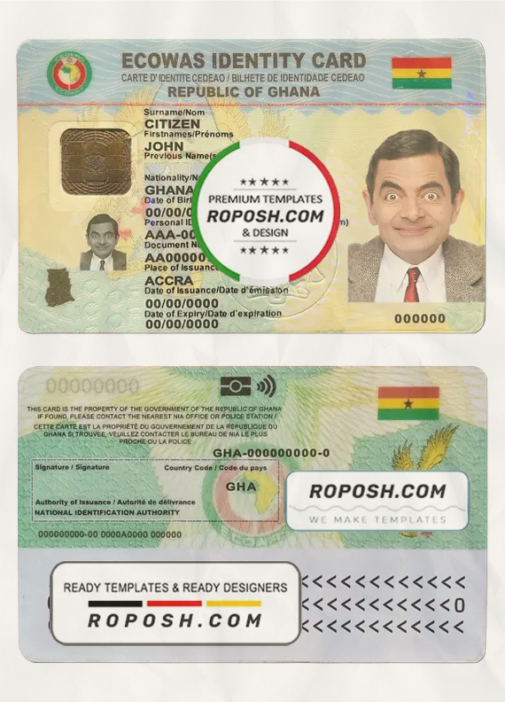 Ghana ID template in PSD format, fully editable, with all fonts scan effect