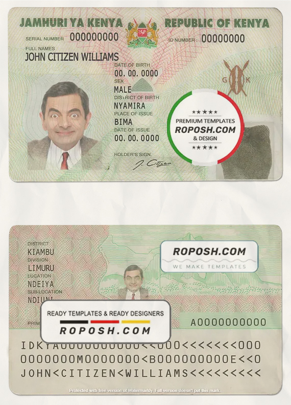Kenya ID template in PSD format, fully editable scan effect