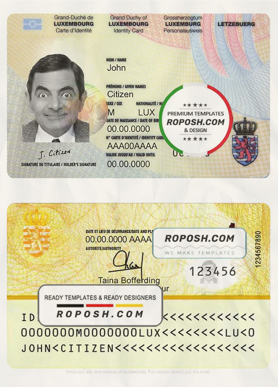 Luxembourg ID template in PSD format scan effect