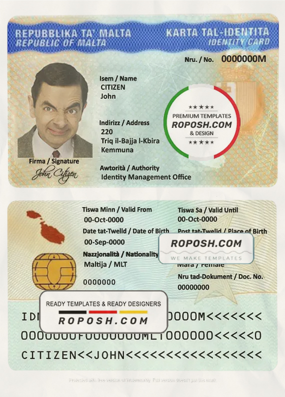 Malta ID template in PSD format, fully editable scan effect