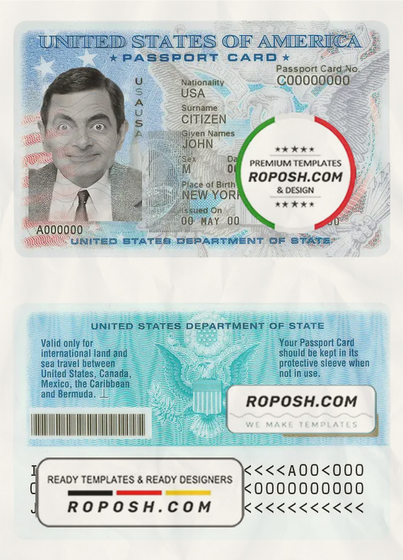 USA passport ID card template in PSD format, fully editable scan effect