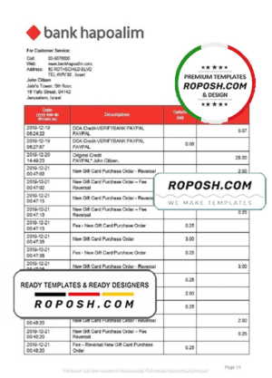 Israel Bank Hapoalim proof of address bank statement template in Word and PDF format