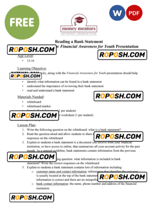 money mentors bank statement sample – activity for financial awareness for youth presentation, .doc and .pdf format, 5 pages