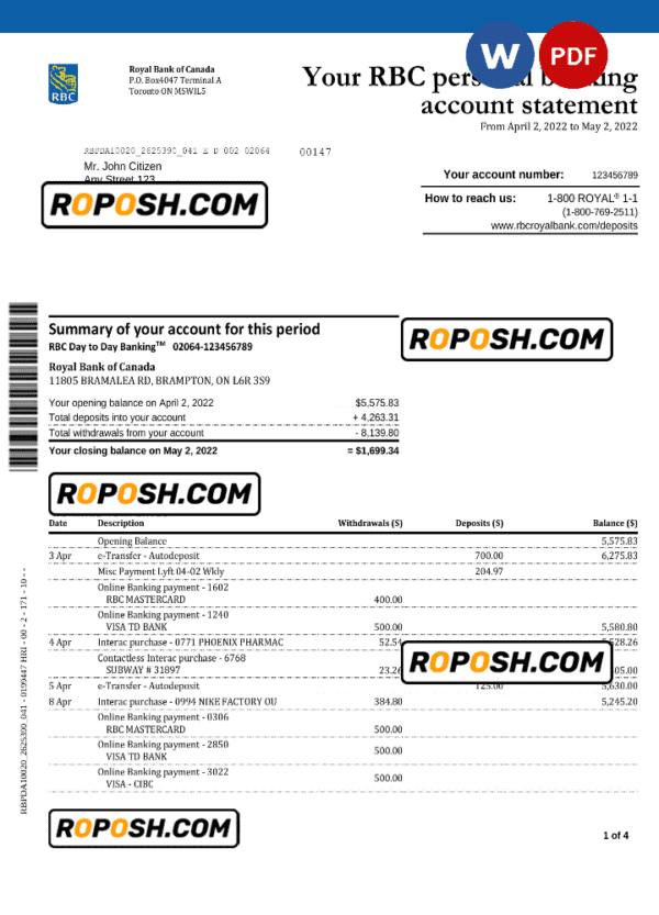 Canada Royal Bank of Canada (RBC) bank statement, Word and PDF template, 4 pages, version 2