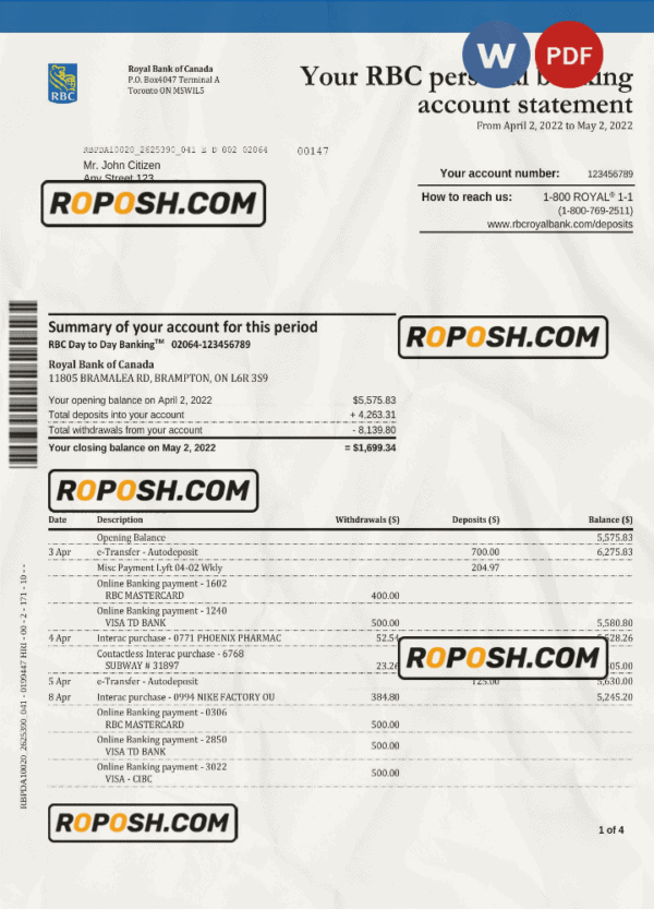 Canada Royal Bank of Canada (RBC) bank statement, Word and PDF template, 4 pages, version 2