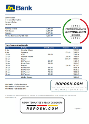 Jamaica National Bank statement easy to fill template in .xls and .pdf file format