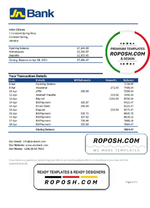 Jamaica National Bank statement easy to fill template in .xls and .pdf file format